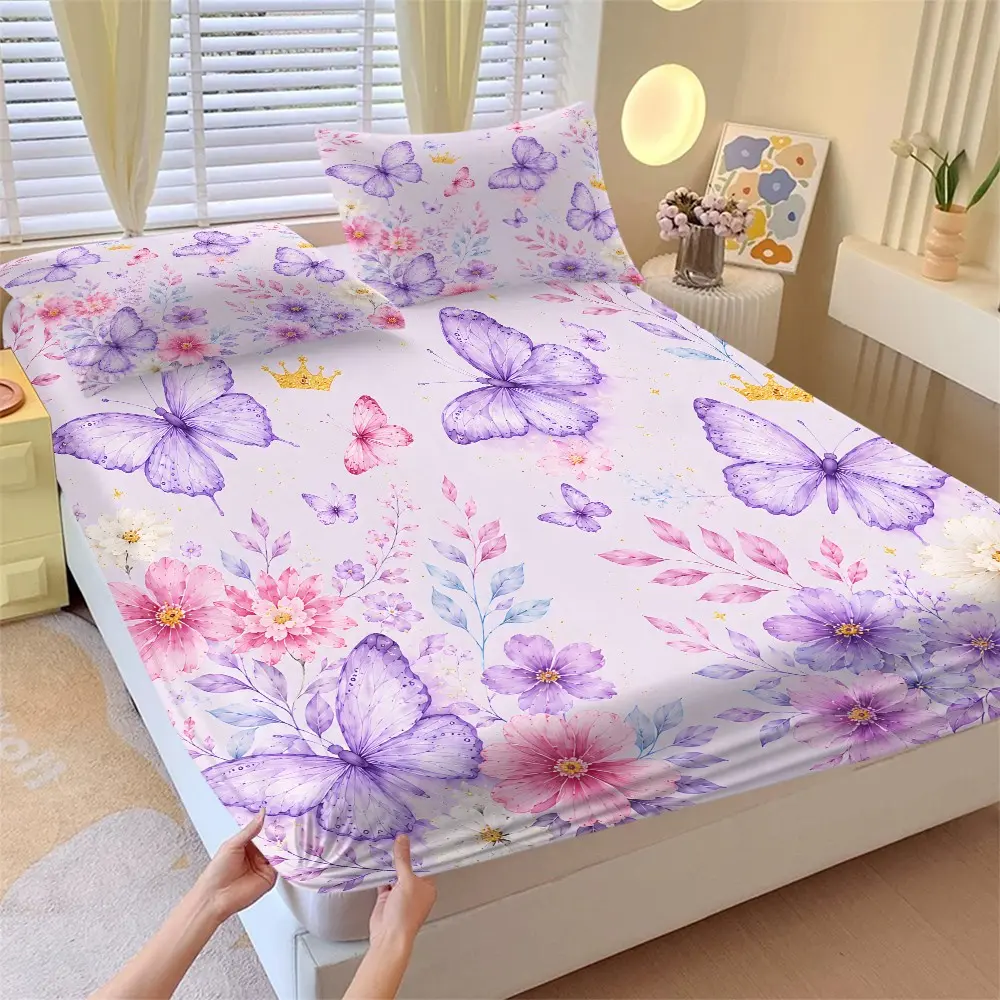 Light Watercolor Butterfly Floral Bed Sheet Set, Flower Crown Print Full Mattress Cover, Princess Style Bedroom Bedding Set