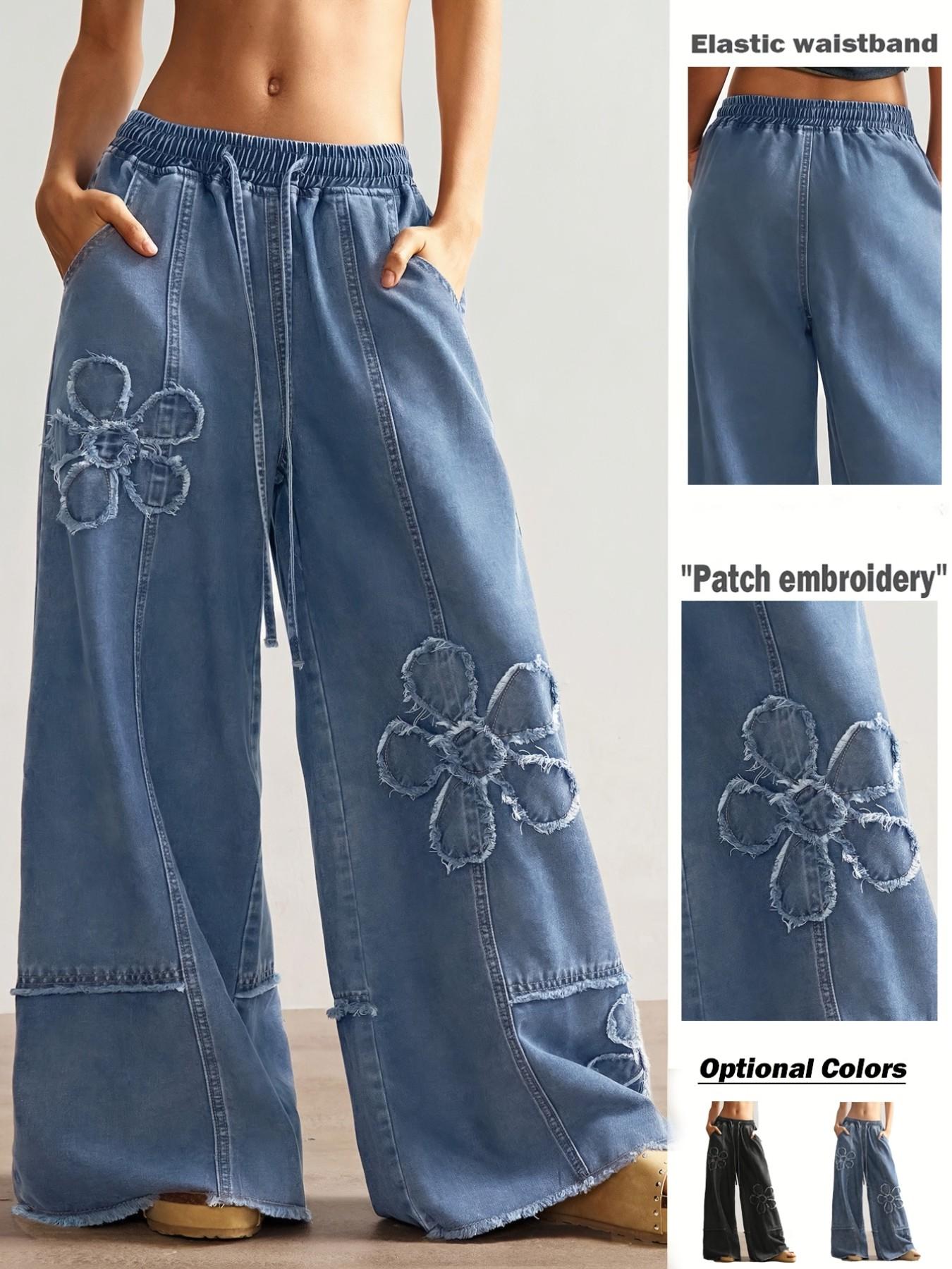 Boho Style Women's Casual Solid Wide Leg Jeans, Loose Fit Denim Jeans with Embroidery Pattern, Comfortable and Stylish Everyday Wear