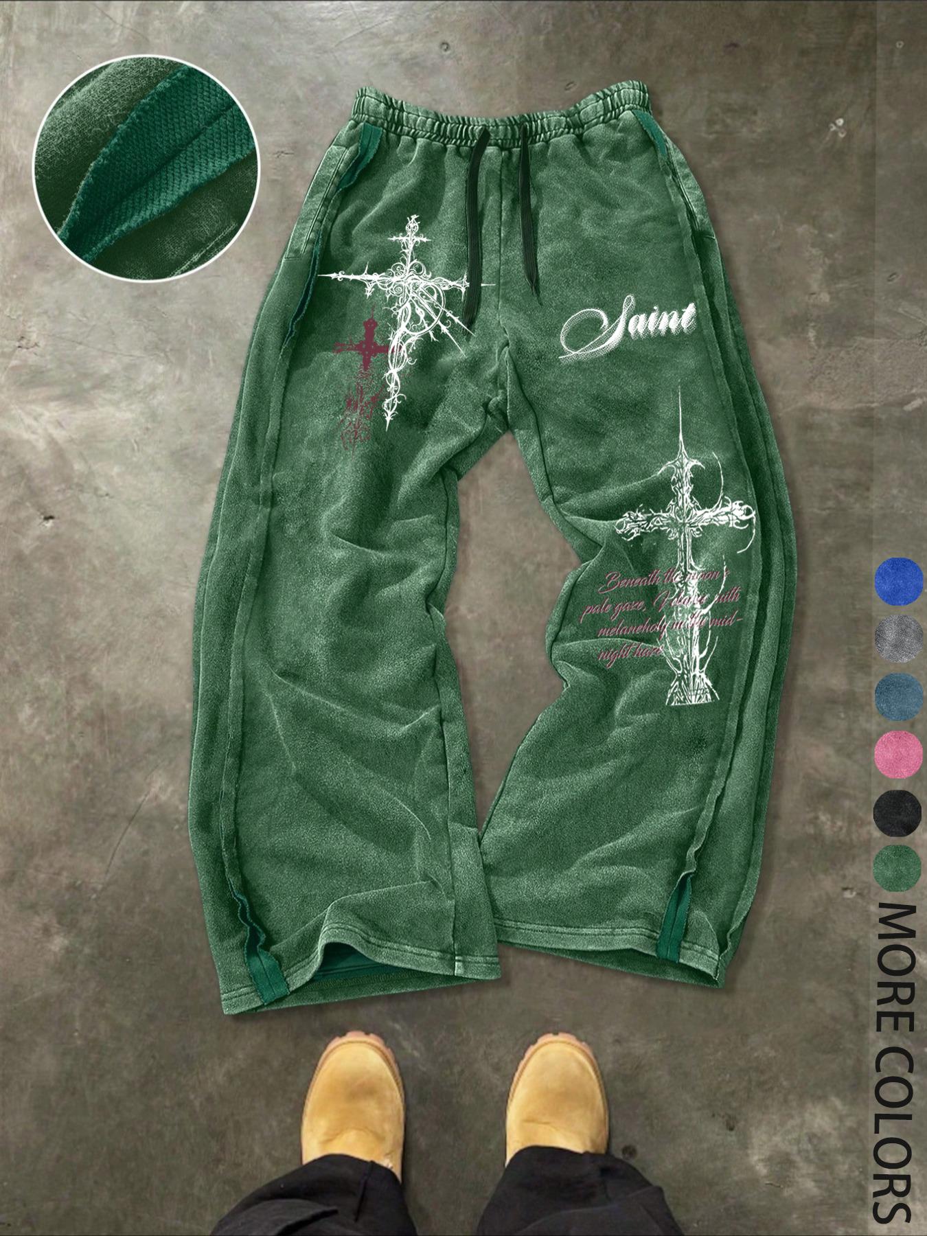 Unisex Gothic Street Style Saint's lettering and Gothic cross pattern print Cotton Sweatpants, Loose Fit Elastic Waist, Casual Fashion Pants for All Seasons,Gothic outfits， Men's Daily Wear Gift