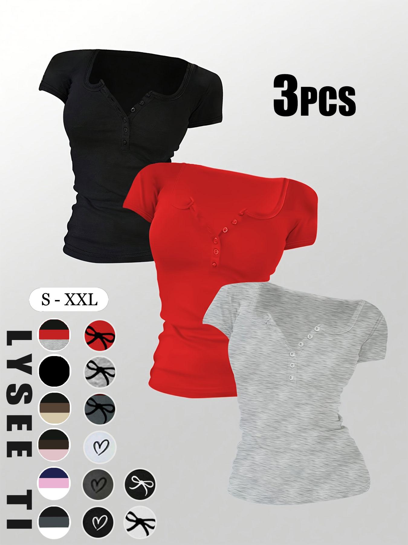 Women's Solid Button Round Neck Tee, Casual Short Sleeve Fitted T-shirt for Daily Wear, Ladies Clothes for All Seasons