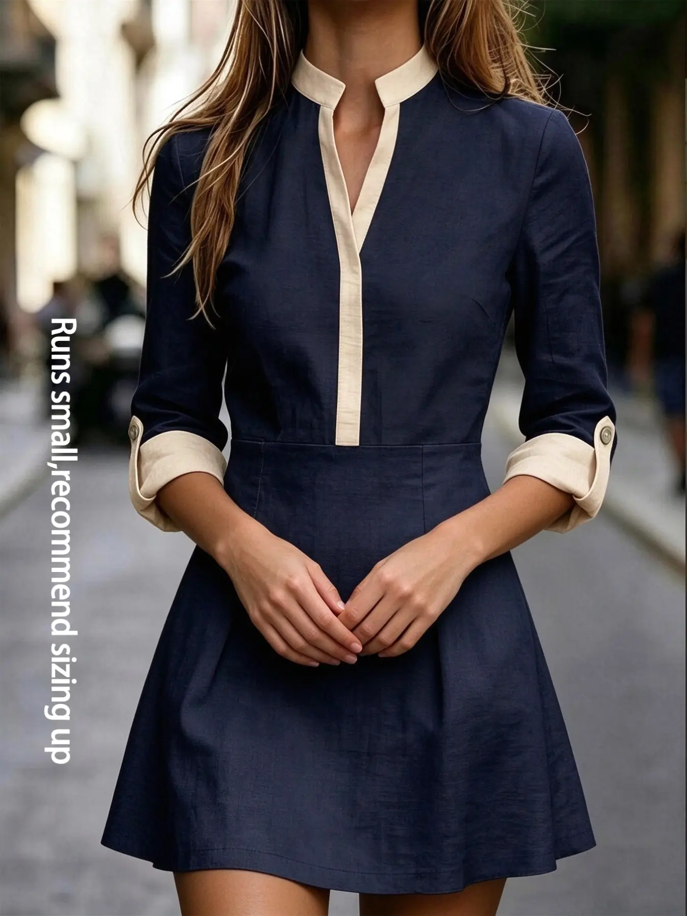 【Black Friday】Women's All-Season Casual Office Dress, Three-Quarter Sleeve Shirt Dress, Stand Collar V-Neck, Slim Fit A-Line Skirt