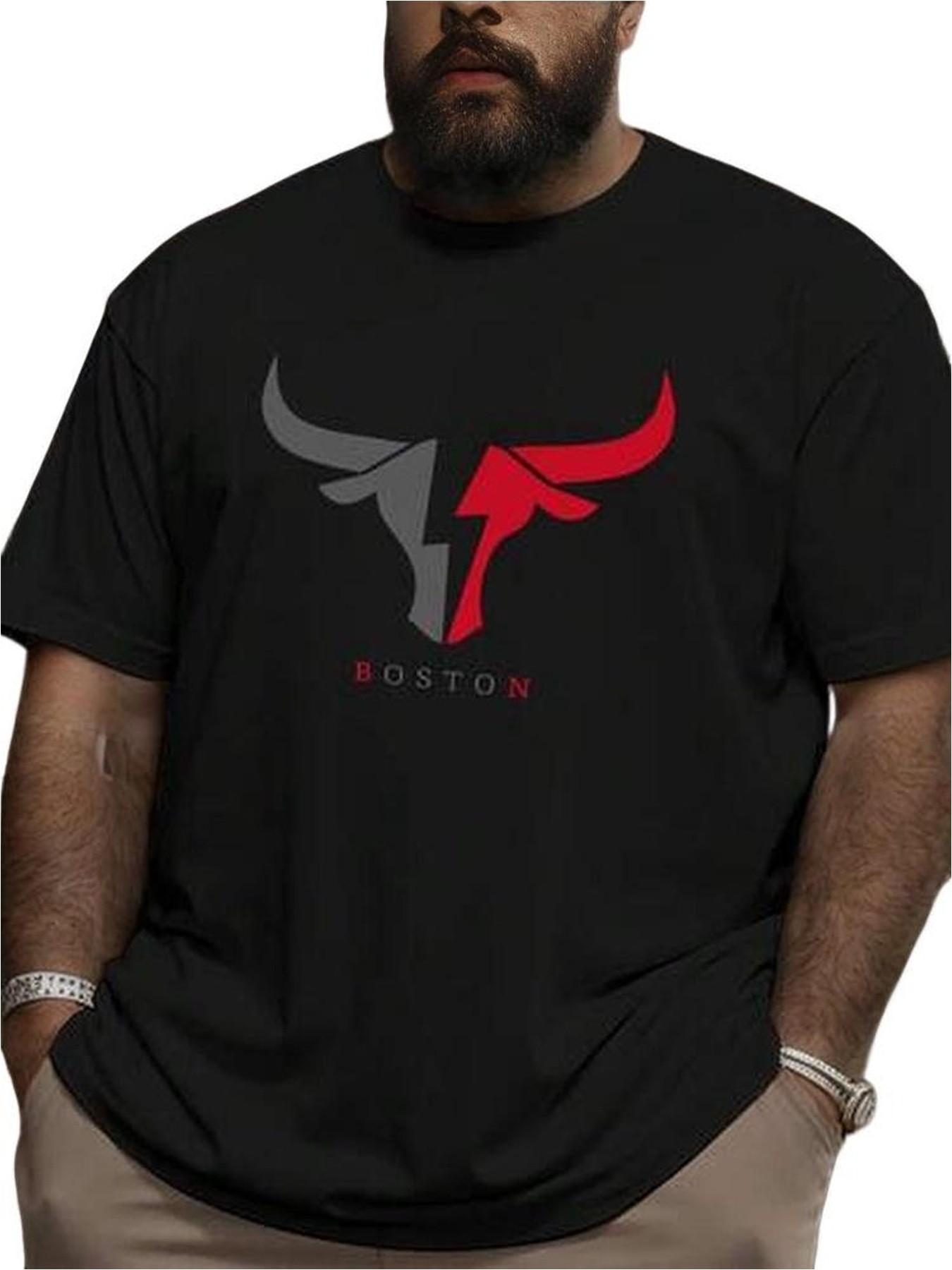 2026 Summer New Boston Bulls Print Men's T-Shirt, Plus Size Loose Cotton Breathable, American Street Fashion Top, Versatile Bottom Shirt