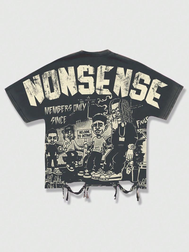 Y2K men's rap artist printed bat sleeve T-shirt loose fit, hip-hop cartoon portrait printed loose fit shirt suitable for both men and women, sleet life party nightclub casual streetwear, Halloween, 2000s style