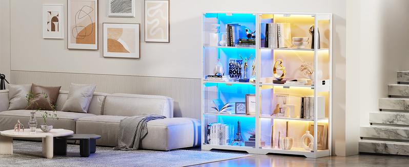 Brottar Display Cabinet with Glass Doors, Storage Cabinet with 3 Color Light, 4-Tier Curio Cabinet Bookcase for Collectibles, Toys, Books, for Playroom, Bedroom, Study Room, White