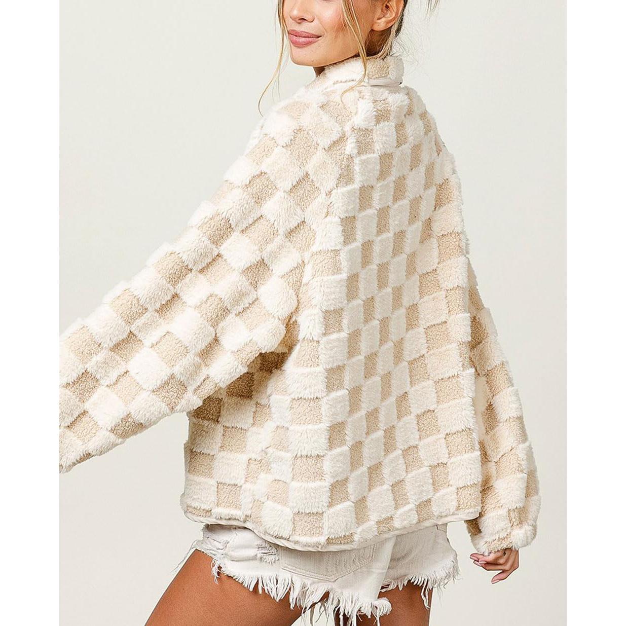 Chouyatou Women's Winter Casual Contrast Plaid Sherpa Jacket Loose Plush Oversized Faux Fur Coat SpringStatements