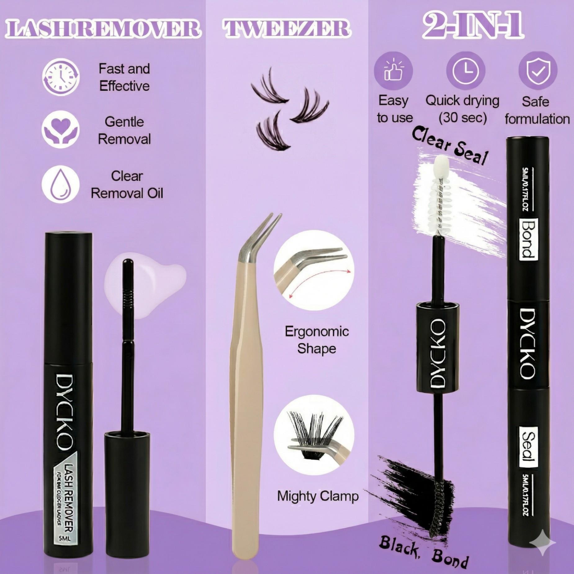 DYCKO 912PCS DIY Eyelash Extension Kit, 11-Pcs Ultimate Lash Clusters Gift Box, 4 Styles Mixed Wispy Manga Individual Lashes, D Curl Starter Set with Bond Seal & Remover, Professional Salon Look at Home