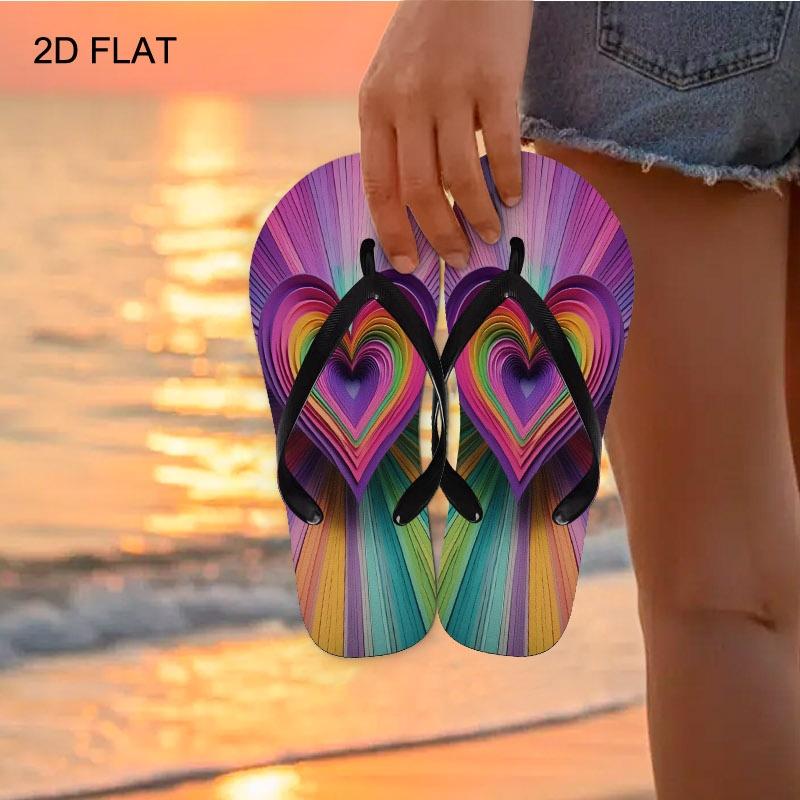 Women's Flip Flops, Rainbow Heart Style, Multiple Colors & Sizes Available, Comfortable Wear, Suitable for Summer Beach & Daily Use, Fashionable Design, Durable Material, Women Shoes