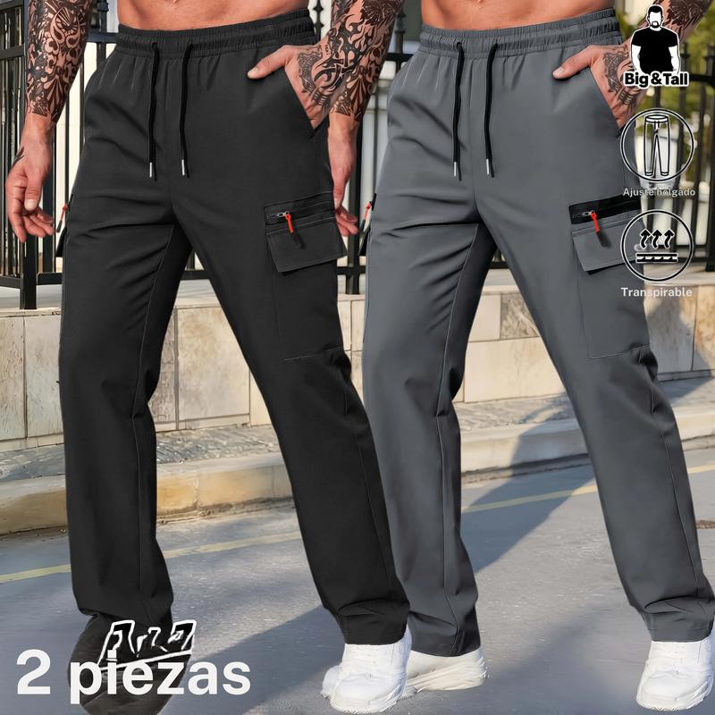 Big & Tall Men's Full-Length 2-Piece Relaxed-Fit Male Joggers, Stretchy Lightweight Quick-Dry Hiking Pants, Multi-Zippers Secure Functional Pockets, Elastic Waistband Custom-Fit, Summer Casual Outdoor Apparel