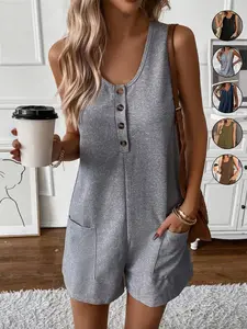 Women's Casual Solid Color Waffle Texture Button Front Loose Fit Jumpsuit with Pockets, Sleeveless Romper Jumpsuit For Summer，Comfortable and Stylish One-Piece for Daily Wear