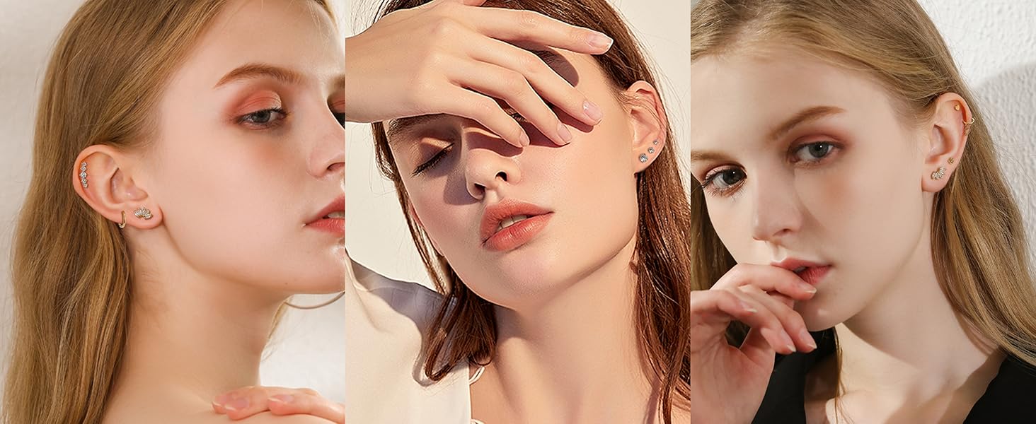 25Pcs 16G Cartilage Piercing Jewelry Hypoallergenic Surgical Steel Helix Piercing Jewelry Forward Helix Earrings Conch Hoop Cartilage Earring Stud