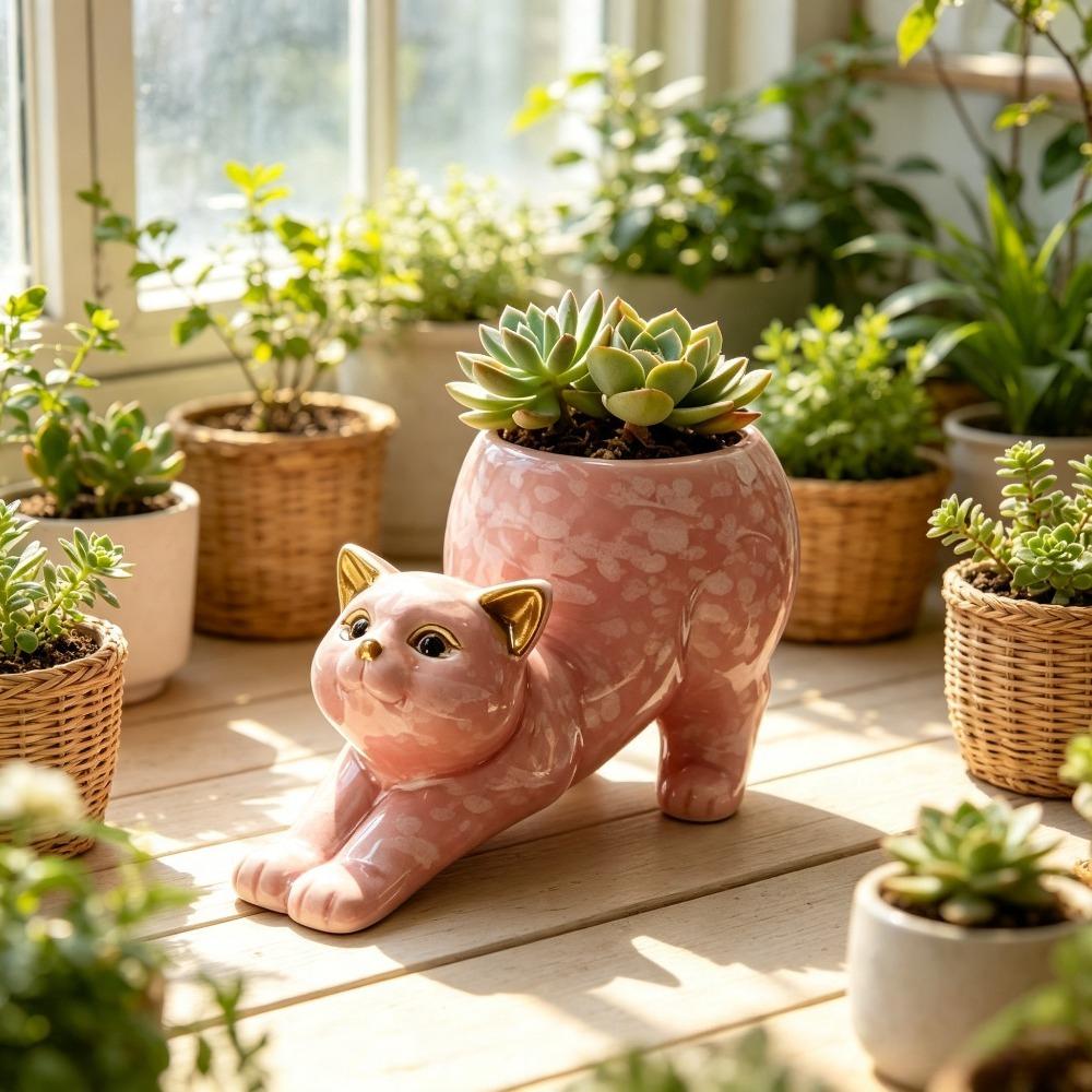 Cute Cat Planter Pot with Drainage Hole Succulent Cactus Planter | Novelty Bonsai Flowerpot, , Cat Vase & Cat Flower, Desk Windowsill Shelf Decor Gift