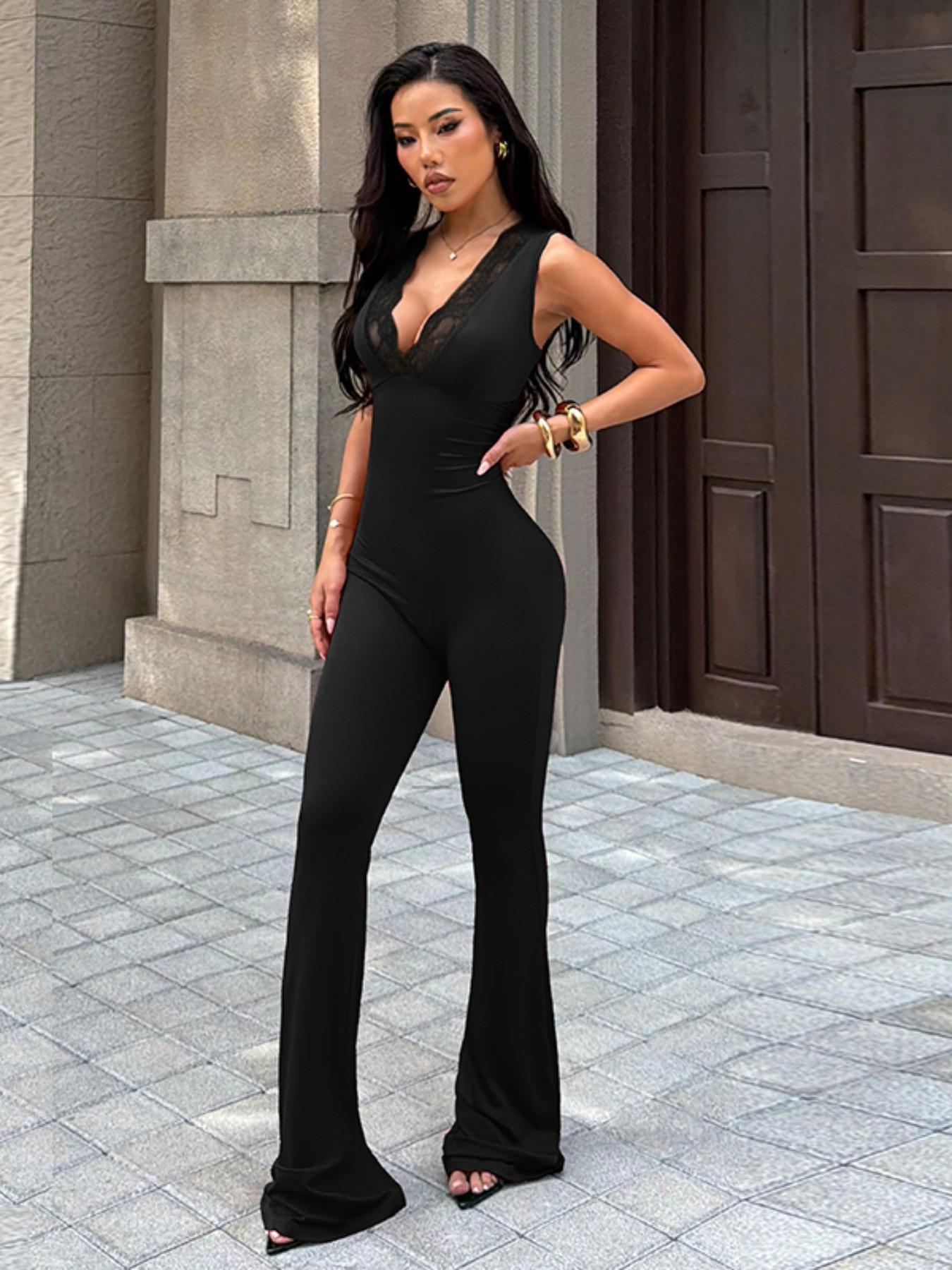 Women's V Neck Lace Trim Jumpsuit, Fitted Plain Design, Sexy Style, Perfect for Casual Wear, Comfortable & Stylish