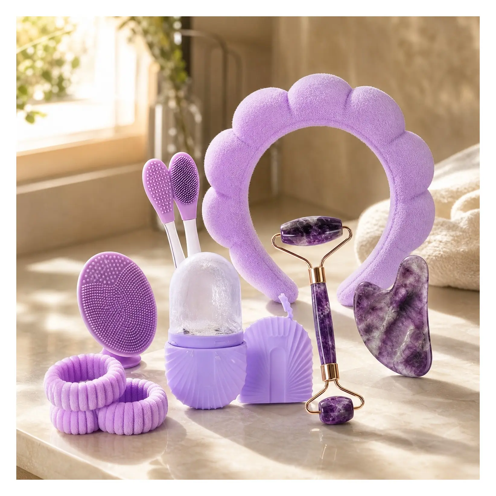 Skincare Tools Set with Jade Roller, Gua Sha and Ice Roller - Facial Self Care Kit for Teen Girls, Clean Girl Aesthetic GiftGift