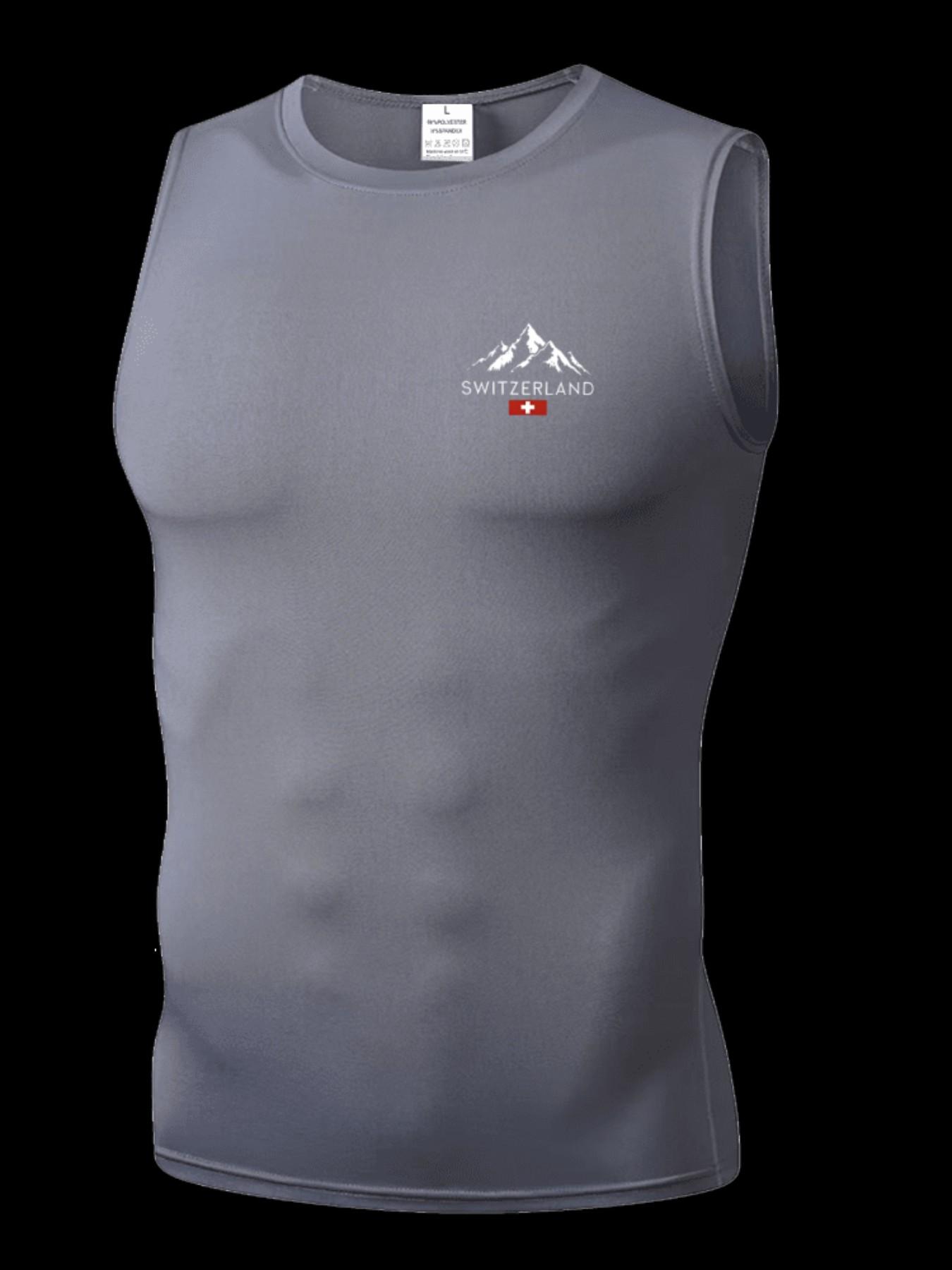 Men's Short Sleeve Sporty Slim-Fit Tee, Quick-Dry Breathable Fabric, Switzerland Print, Ideal for Gym, Running, Boxing, Outdoor Activities