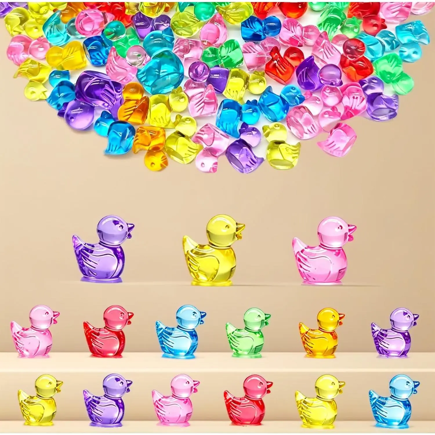 200Pcs Mixed Clear Mini Resin Ducks Figurines, 8-Color Acrylic Plastic Set (195 Tiny +5 Large), DIY Craft Supplies for Micro Garden Decor, Vase Fillers