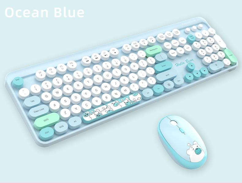 MOFii 1 Set Wireless Keyboard and Mouse Combo, Purple Cute Bear Round Keycaps, High-Appearance Office Keyboard Mouse for Girls, Universal for Laptop and Desktop, US Qwerty (Batteries Not Included)