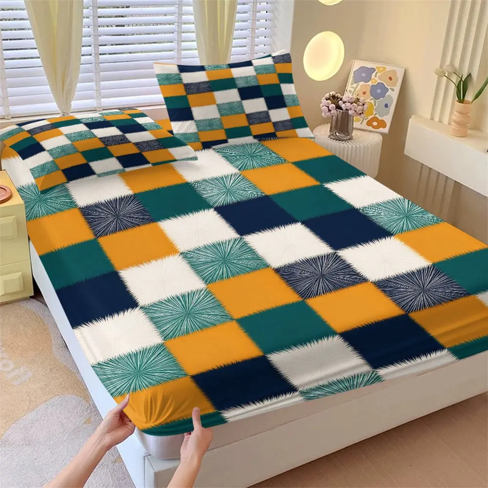 Multicolor Plaid Bed Sheet Set, Artistic Firework Pattern 3-Piece, Deep Pocket Bed Sheets with Pillowcase, All-Season Use, Bedsheets Set