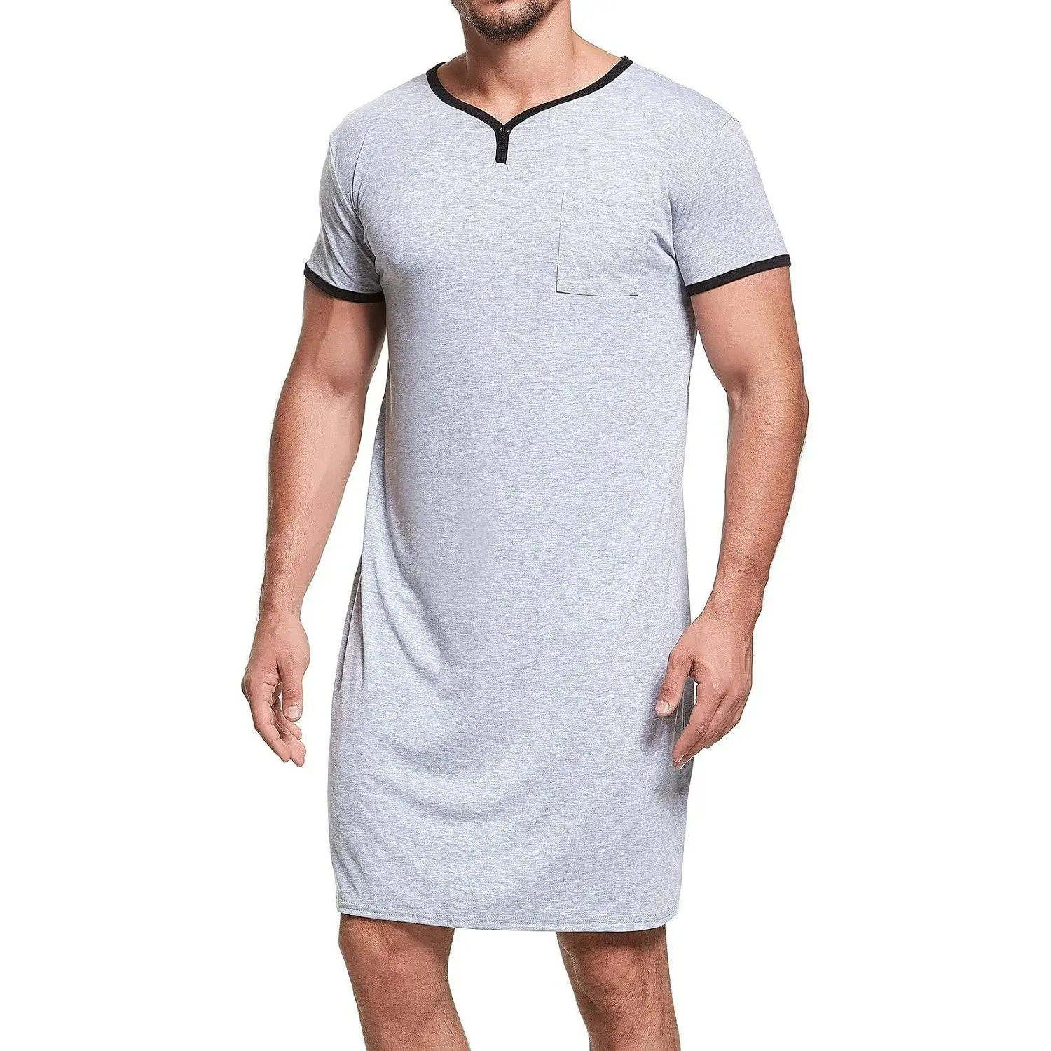 Men's Nightshirt Short Sleeve Nightgown Henley Sleep Gowns Nightwear for Sleeping