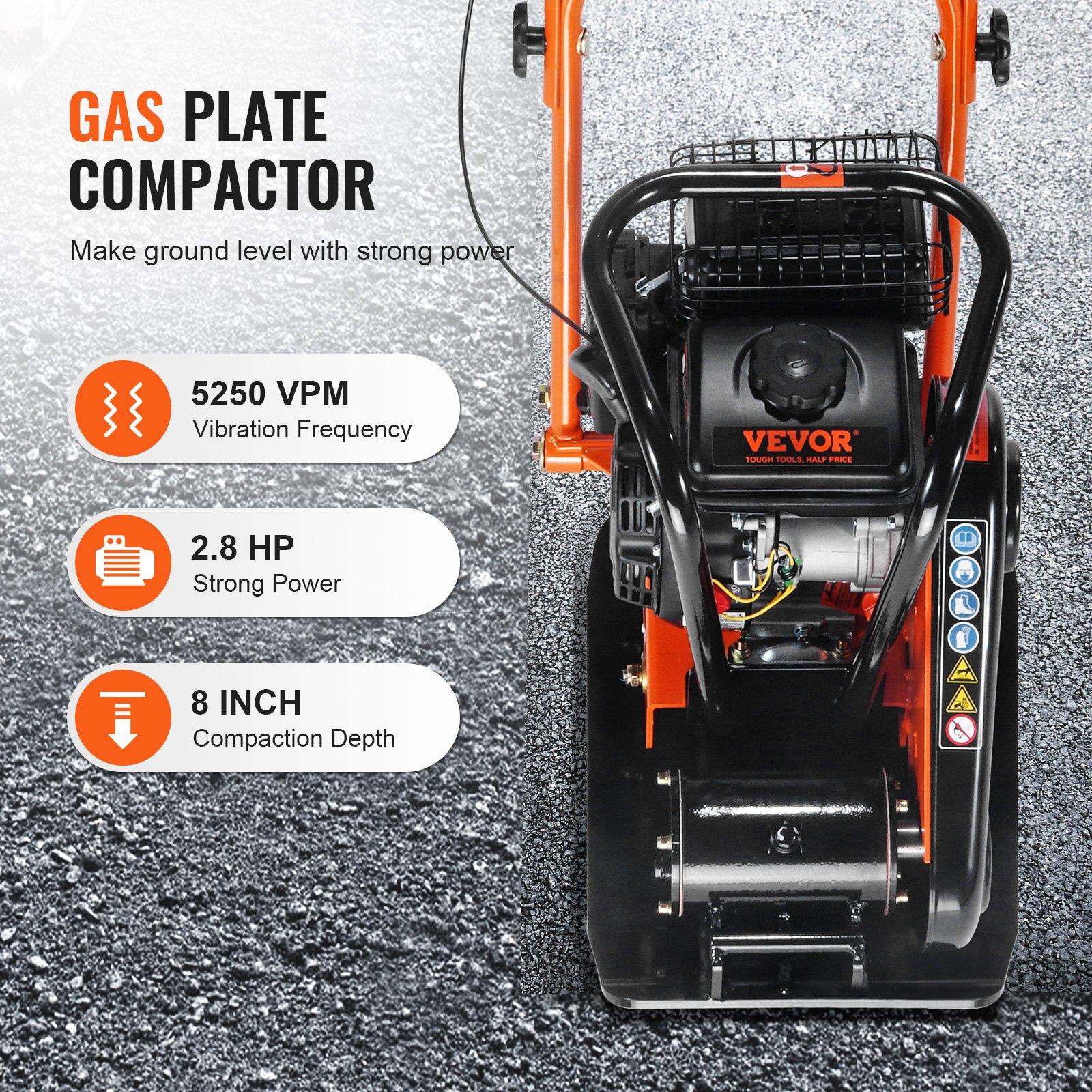 VEVOR Plate Compactor, 2.8 HP 98CC Gas Engine 5, 250 RPM, 1, 920 lbs Force Vibratory Compaction Tamper with 18.7x 11.8 inch Plate for Walkways, Patios, Asphalts, Paver Landscaping, EPA Compliant