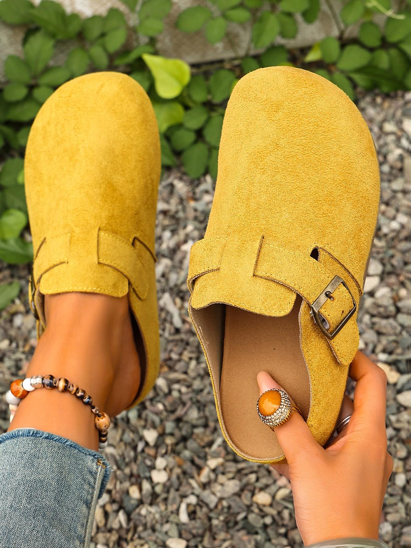 Women's 2026 Spring Summer New Velvet Slip-On Shoes, Wide Fit Comfortable Casual Flat Thick Soled Mules, Adjustable Antique Brass Buckle, Non-Slip Thick Sole