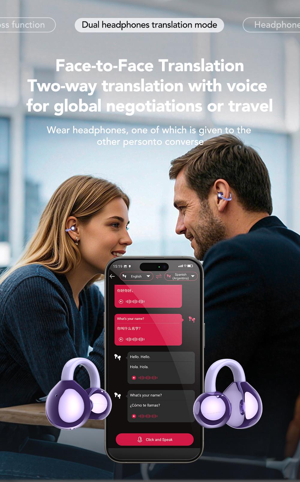 MINISO MS201 Clip-On Ear Headphones, Translation Earbuds, Translation in 134 Languages With APP, with Audio-Visual Touch Screen, Bluetooth 6.0 Earbuds, Wireless Headphones for Music & Phone Calls, Sport Waterproof & Sweatproof, with HD Mic