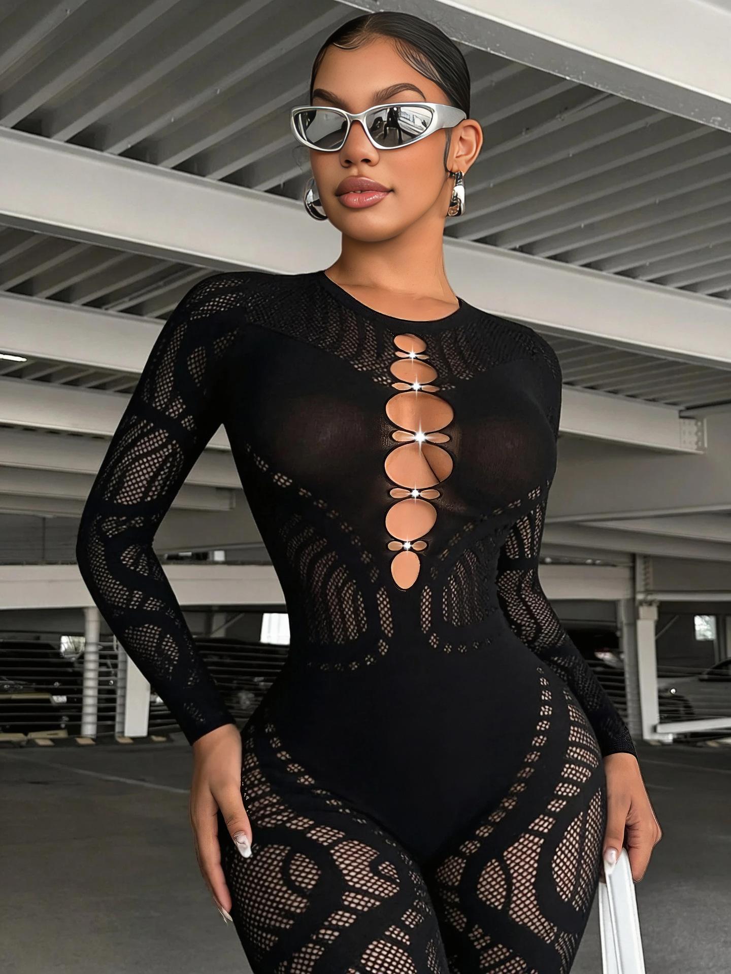 Women's High-Waist Rhinestone Hollow Thick-Knit Long-Sleeve Integrated Bodysuit Outerwear - Polyester, Romantic, Ethnic, Baroque, Anniversary Essential Fashion Clothing Accessory