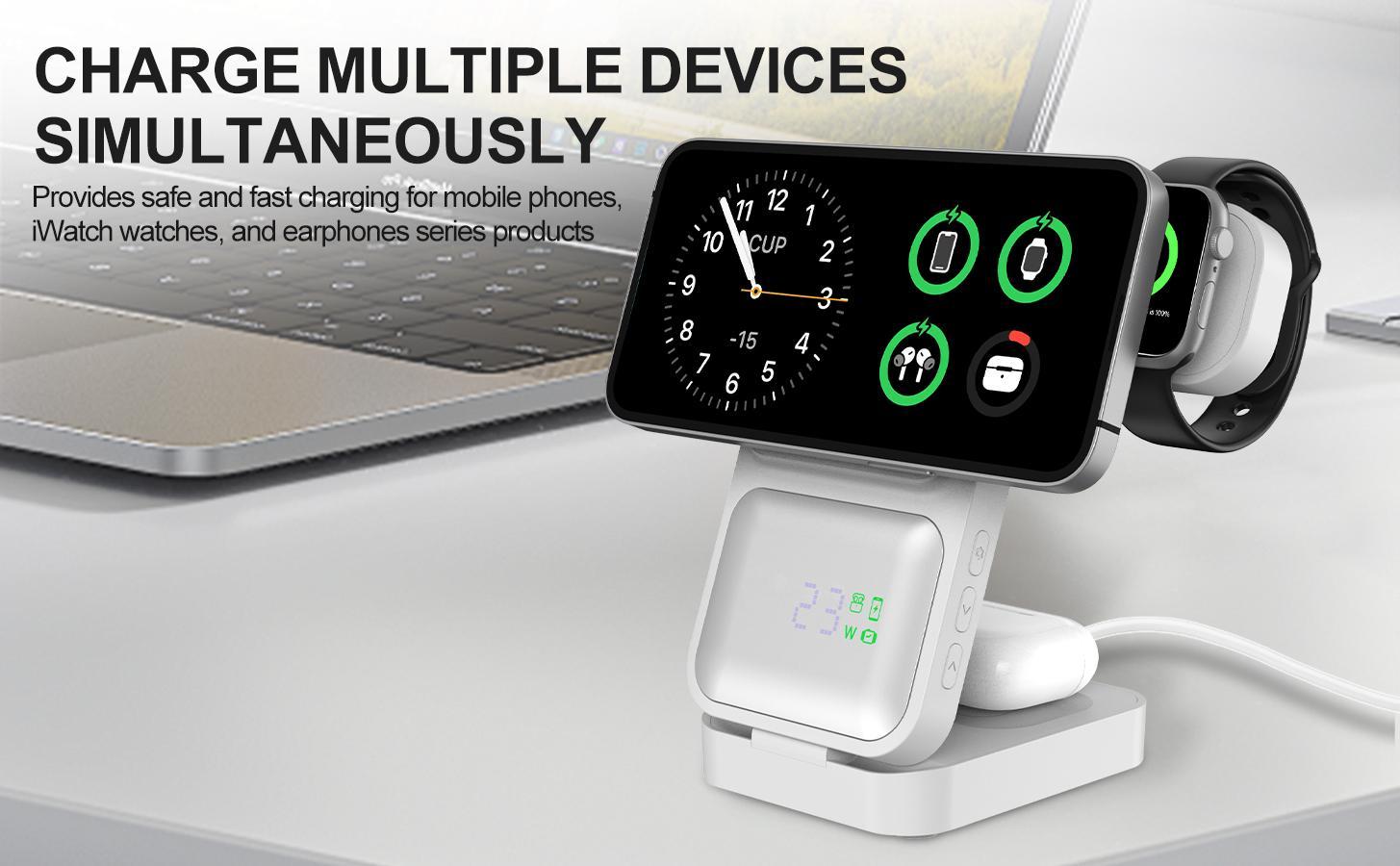 S1-A Folding 3-in-1 Magnetic Wireless Charging Station with Digital Clock - Fast Qi Charger for Qi-Enabled Cellphones, Wearables & Earbuds, Desk & Travel Portable Electronic Accessories Dock Stand