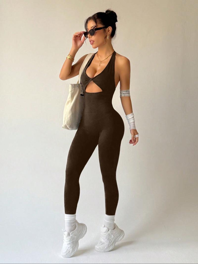 Women's Sexy Backless Halter Jumpsuit, High Elastic Breathable Fabric Jumpsuit, Removable Chest Pad, Stylish Activewear for Fitness, Sporty Jumpsuit, Ruched Sports Jumpsuit, Sporty Comfy Jumpsuit