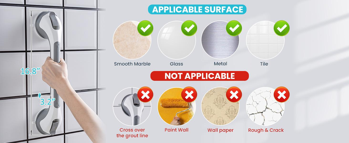 TAILI Shower Grab Bar 16 Inch Suction Cup Grab Bars for Bathroom & Shower, Removable Shower Safety Handle Heavy Duty Bathtub Grip for Seniors & Elderly, Strong Handrails No Drilling Waterproof, Grey