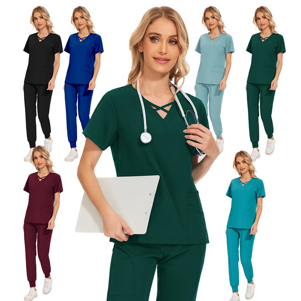 Womens Short Sleeve Long Pants Scrub Uniform Nursing Home Beauty Dental Clinic Surgery Room Nurse Outfit Comfortable Durable Workwear