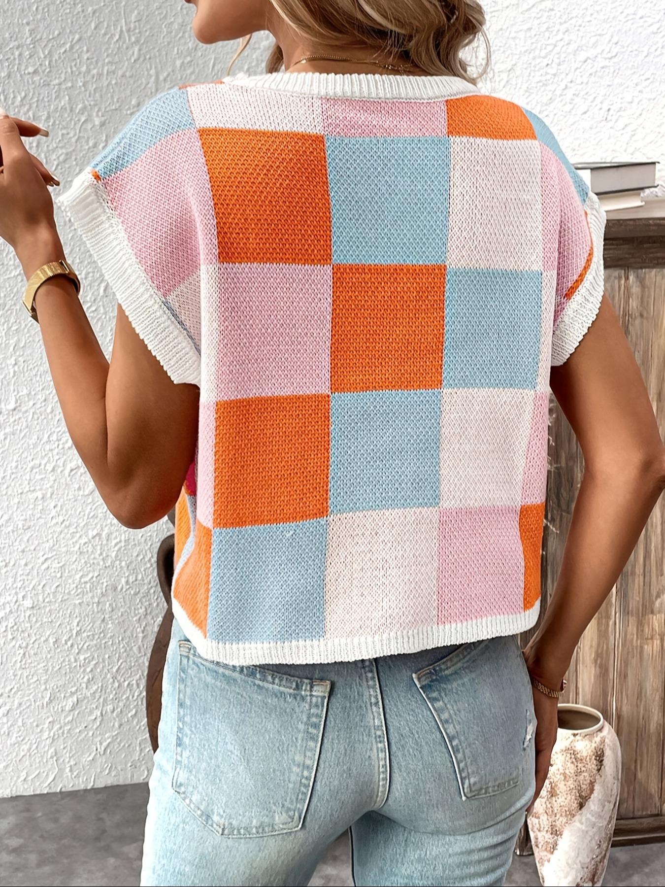 Women's Fashionable Essential Round Neck Sleeveless Fitted Knit Vest Tops, Womenswear, Colorblock Plaid Pattern, Versatile Outdoor Wear, All Seasons Casual Clothing