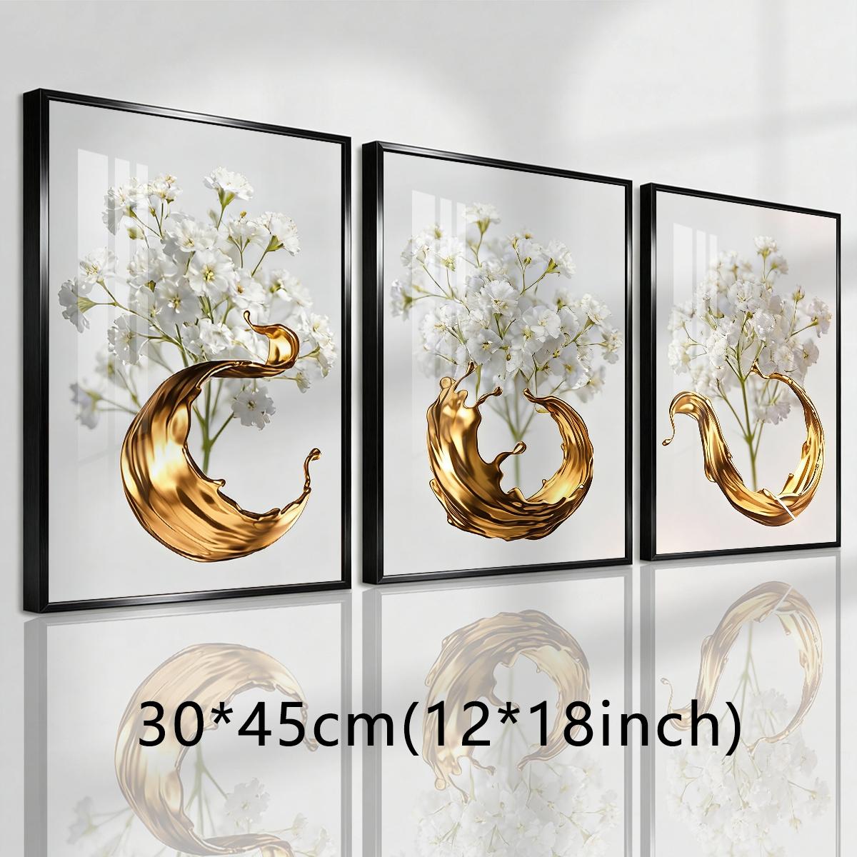 3 Counts Aluminum Alloy Framed Painting, White Flowers With Golden Liquid Art Pictures, Home Decoration For Living Room, Bedroom, Office, Restaurant, Hallway Wall Decor, Odorless Print Artwork, Luxury Perfect Gift For Friends And Family