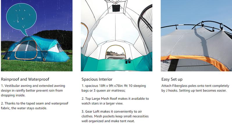 UNP Camping Tent 10-Person-Family Tents, Parties, Music Festival Tent, Big, Easy Up, 5 Large Mesh Windows, Double Layer, 2 Room, Waterproof, Weather Resistant, 18ft x 9ft x78in