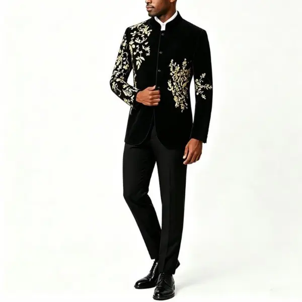 Men Stand Collar Velvet Blazer, Gold Floral Embroidery Mandarin Jacket, Slim Fit Formal Suit Jacket for Wedding Party Stage Show