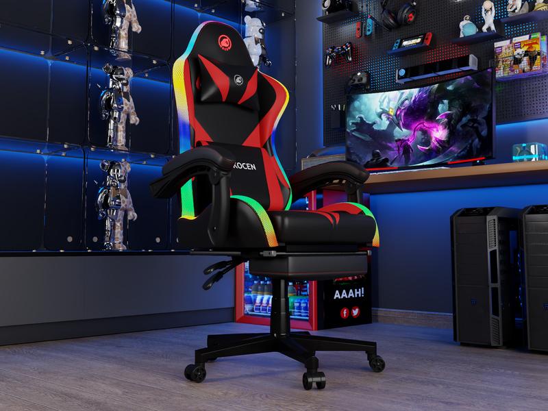 [New Year Flash Sale] KOCEN Gaming Chair , racing style RGB LED light gaming chair, equipped with a lumbar massager, high-back adjustable recliner, with footrest and headrest. Adult gaming chair, large high gaming chair,with sturdy class-4 gas lift.KC-35