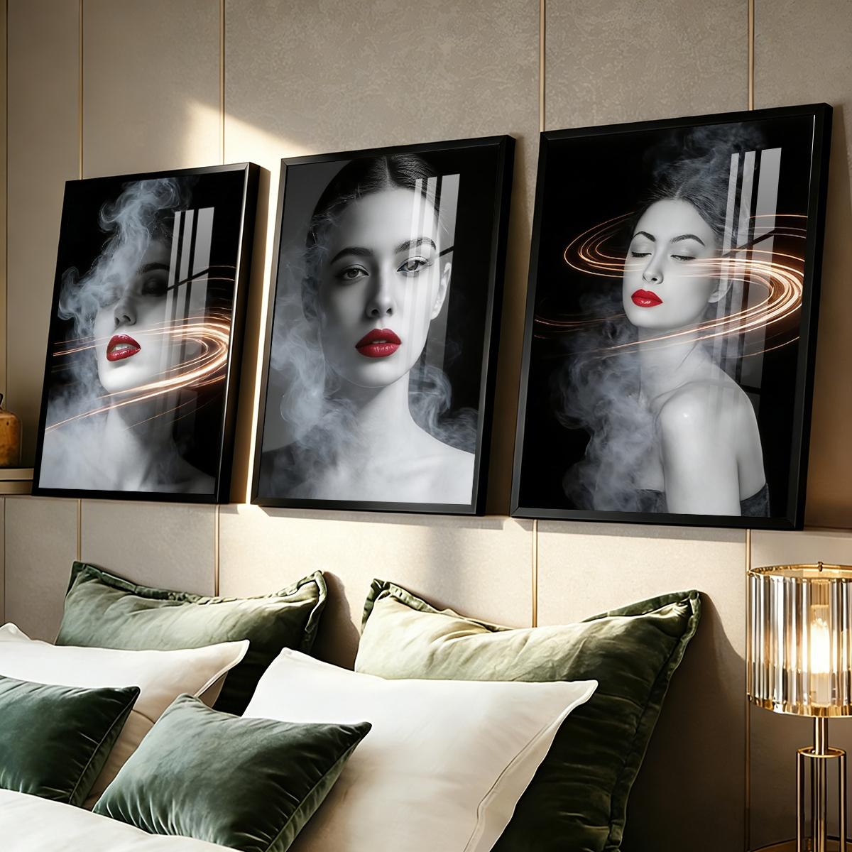 3 Counts Aluminum Alloy Framed Painting, Abstract Smoke And Light Portrait Pictures, Home Decoration For Living Room, Bedroom, Office, Restaurant, Hallway Wall Decor, Odorless Print Artwork, Luxury Perfect Gift For Friends And Family