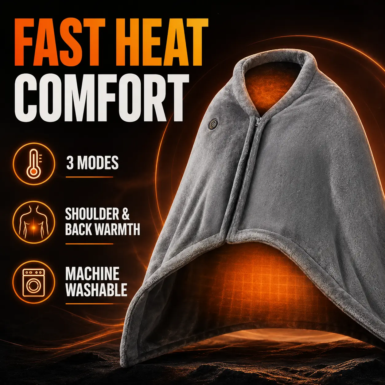 Cozy Portable Heated Shoulder Blanket with USB Heating, 3 Heat Modes, Fast Warm-Up, Soft Fleece Zipper Wrap and Washable Design for Office, Home, Car and Winter Gifts