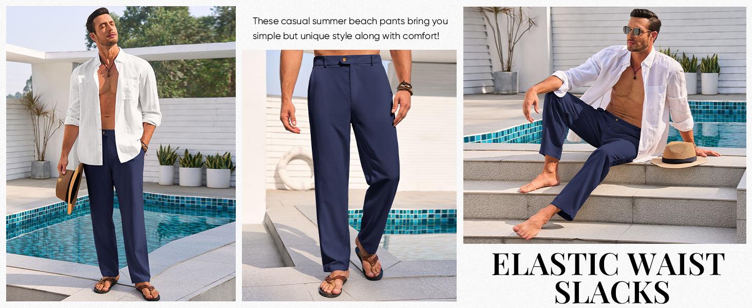 Runcati Mens Casual Pants Elastic Waist Linen Lightweight Straight-Legs Loose Fit Summer Beach Yoga Trousers