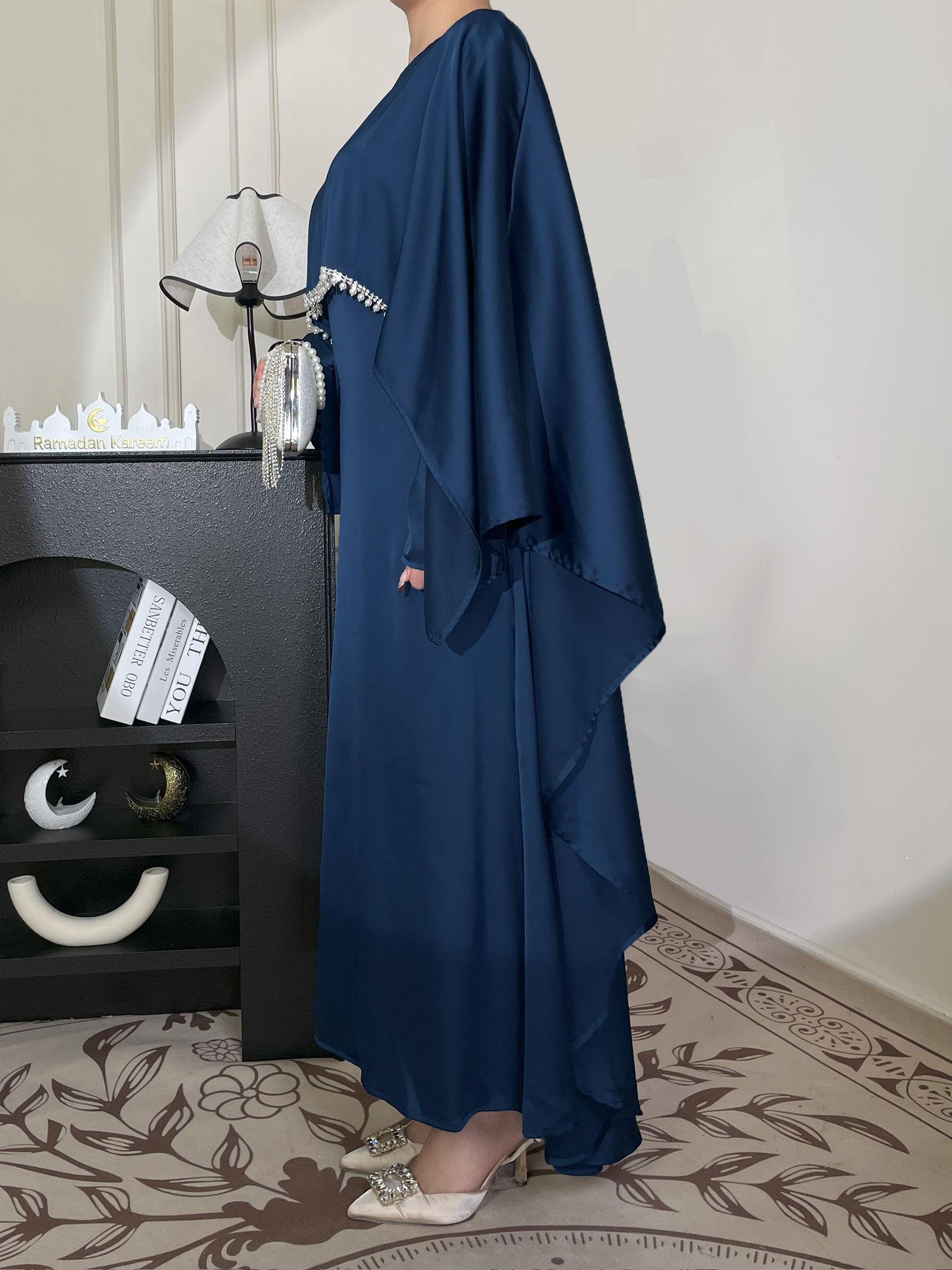 CL43 Satin cape elegant Muslim dress, Modest Party Open Butterfly Pearl rhinestone Abayas, For Evening Party/Wedding Guest/Anniversary,Unique design, luxurious texture,Fashionweek