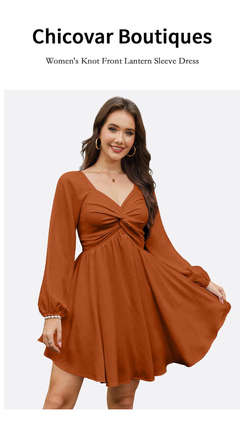 Chicovar Women's Spring Sweetheart Neckline Knot Front Flowy Mini Chiffon Dresses, Lantern Sleeve, A-Line Cut, No Scratchy, No Sheer, Westernfashion, Family Photos, Church, Party, Casual, or Daily Wear