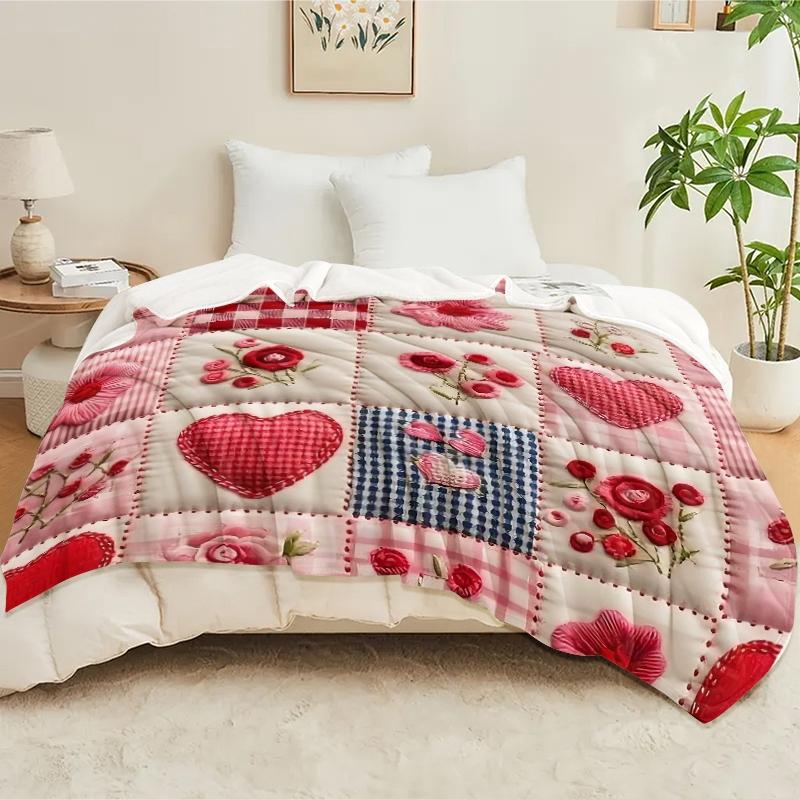 Valentine's Day Heart Plaid Digital Print Flannel Blanket, Soft Comfortable Sofa Bed Throw, Office Nap Shawl, Outdoor Sports Multi-Purpose Blanket
