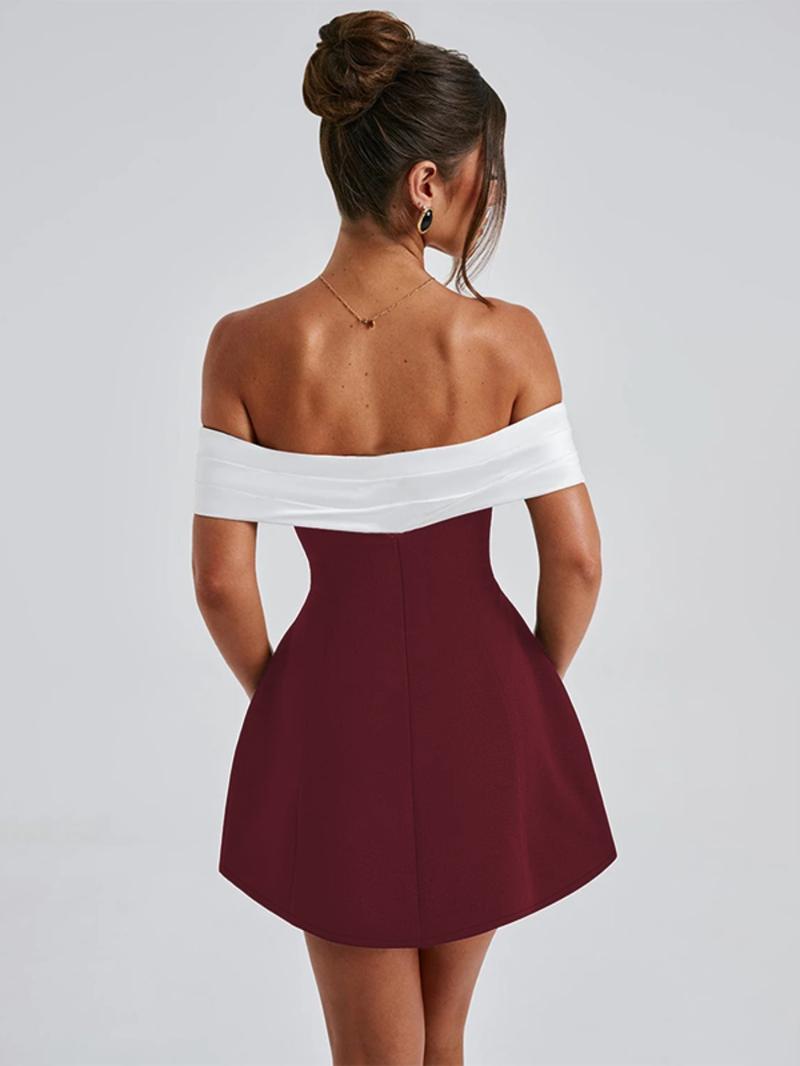 One Shoulder Colorblock Party Dress, Backless Slim-Fitting Short Dress, Elegant Christmas & Holiday Wear, Fall & Winter Fashion Womenswear