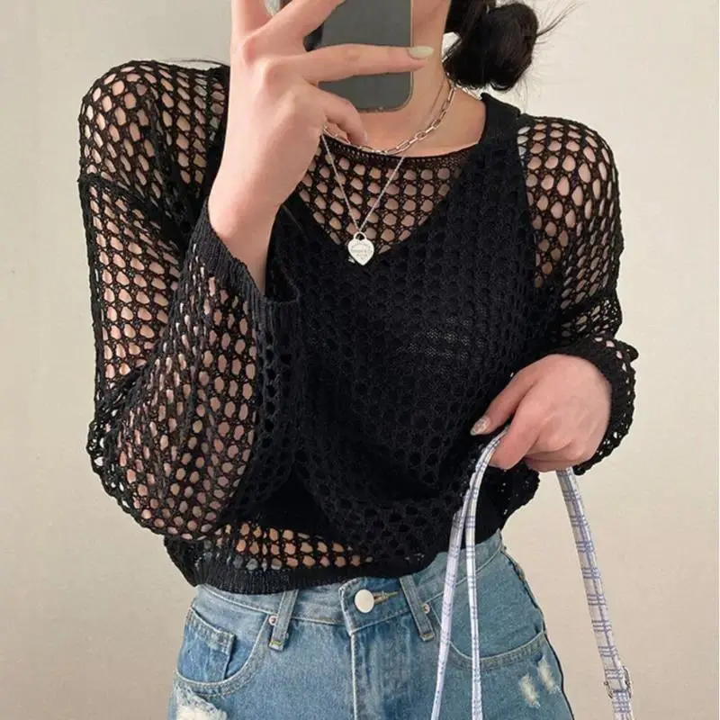Open-knit Crochet Crop Top Long Sleeve Pullover Fishnet Mesh Top Sweaters Women Spring Summer 2026 Beach Cover-up Fairycore