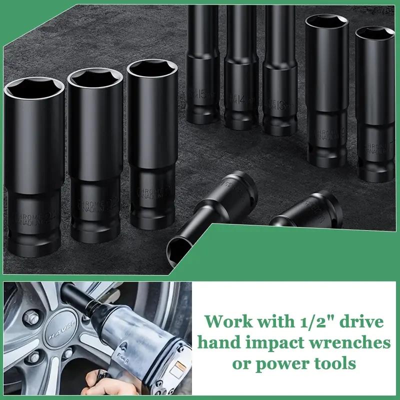 12 Drive Impact Socket Set, 10 Sockets and Driver Tool Kit, Standard Metric Size (8-24mm) Mechanics Tool Kit Socket Kit Metric Drive Socket Wrench Set with Plastic Tool Case