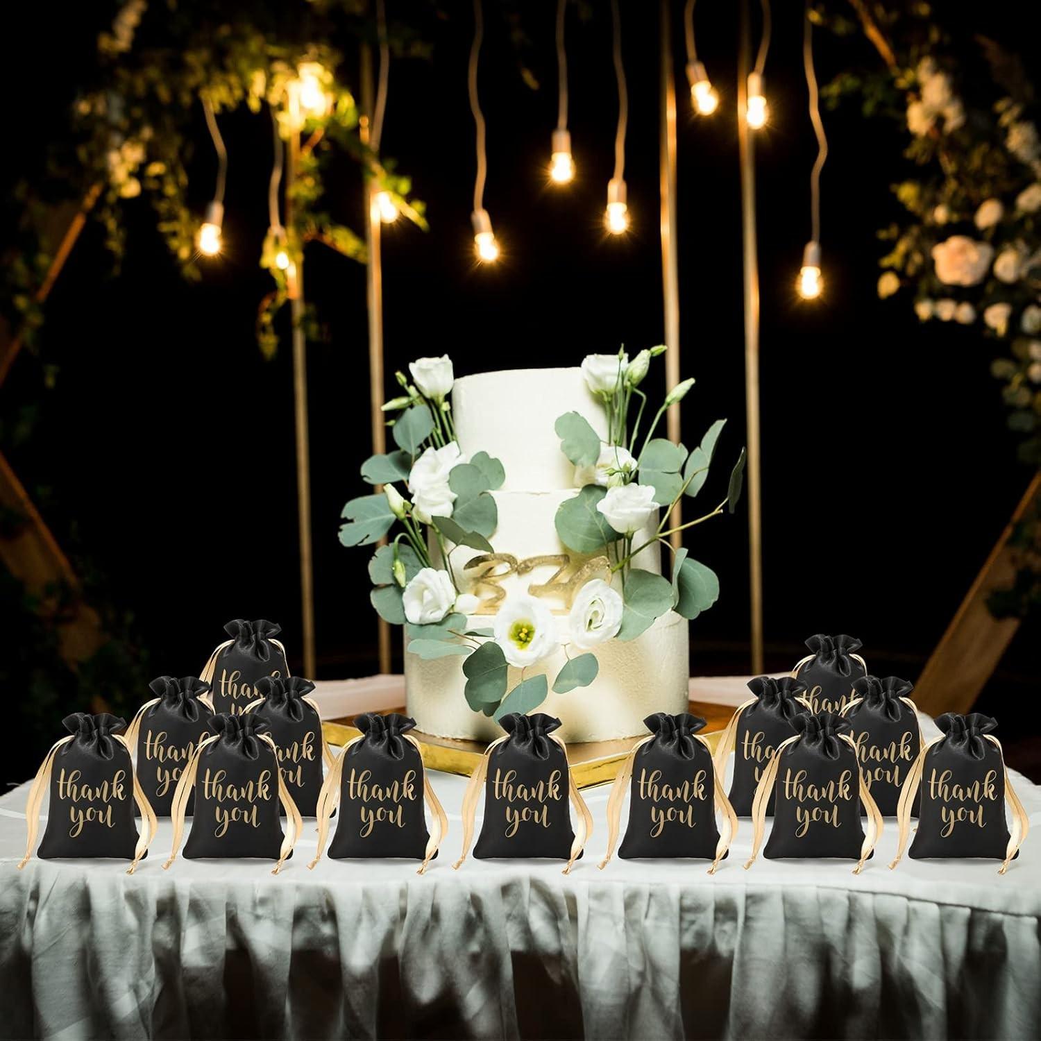 10/30 Pcs Thank You Satin Gift Bags with Drawstring Jewelry Candy Pouches for Wedding Bridal Baby Shower Employee Appreciation Birthday Party Thank You Bags Gift Wrap(Black, Gold,4 x 6 Inch)