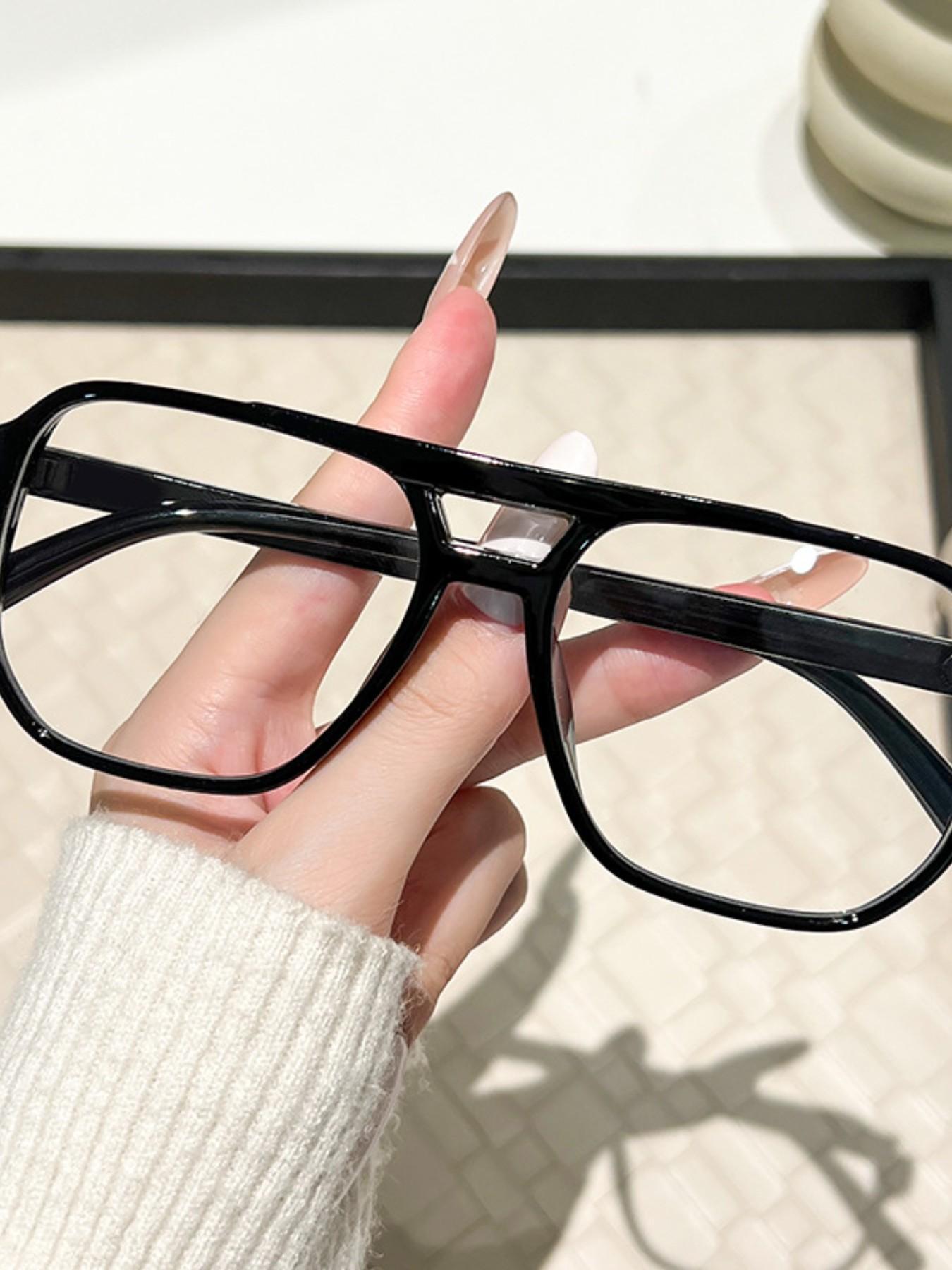 Double Bridge Large Frame Glasses, Full Rim Fashionable Academic Style, Trendy Plain Lenses, Party Hip Hop Punk Eyewear