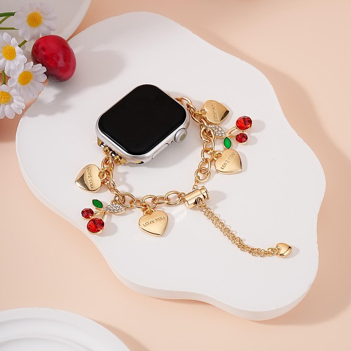 Women's Metal Chain Apple Watch Band, Heart Cherry Charm Bracelet Strap for Iwatch 38-49mm, Perfect Gift for Birthday & Valentine's Day