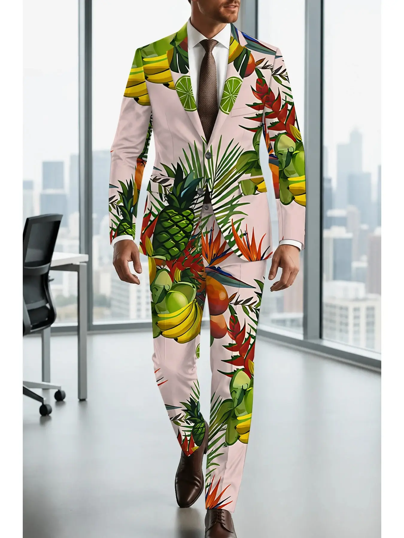 Men's tropical fruit and vegetable print suit set, light pink base with banana, pineapple, and palm leaf all-over print, jacket with matching pants, perfect for vacation-themed parties and special occasions.