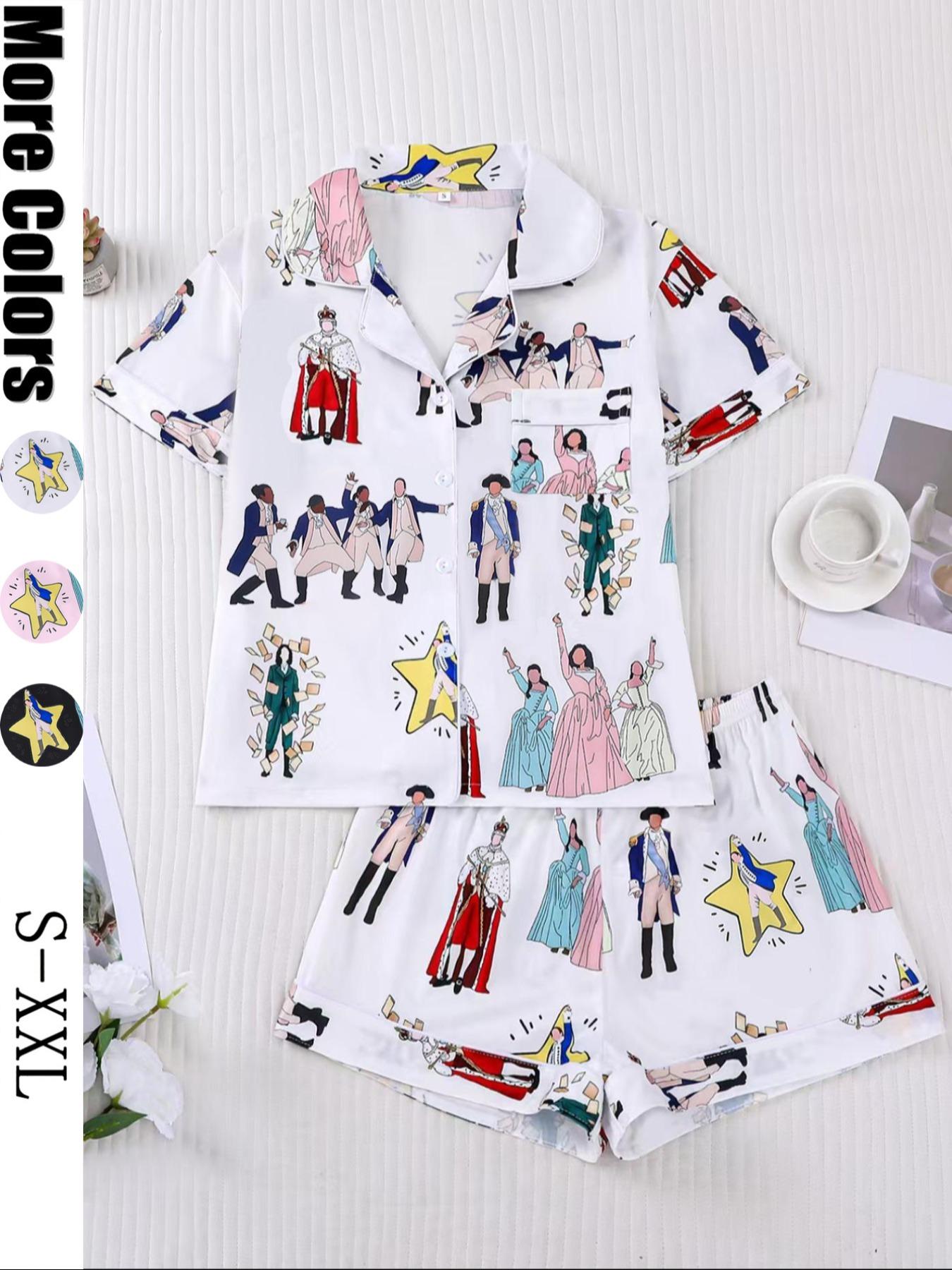 Hamilton Musical Themed Women's Pajama Set, Short Sleeve Shirt Collar Button Soft Top & Elastic Shorts, Casual Home Wear