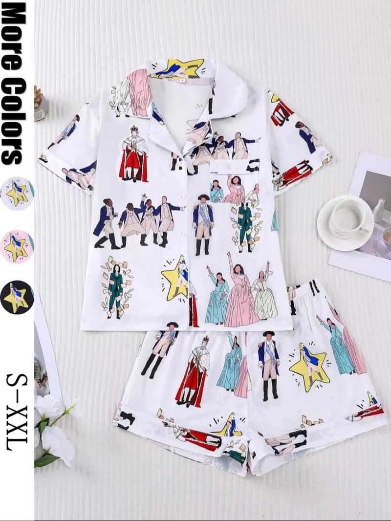 Hamilton Musical Themed Women's Pajama Set, Short Sleeve Shirt Collar Button Soft Top & Elastic Shorts, Casual Home Wear